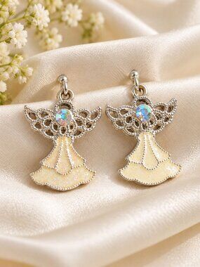 Angel Dangle Earrings Silver Toned Crystal Rhinestone Hook Back Elegant Gift